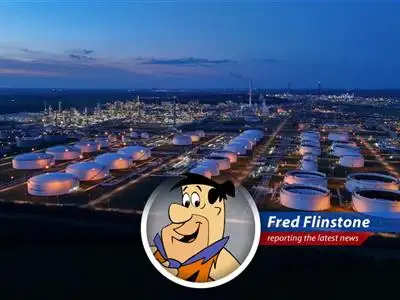 Oil derricks pump away, likely fueled by something Wilma bought. Yabba Dabba Doo, this could get expensive