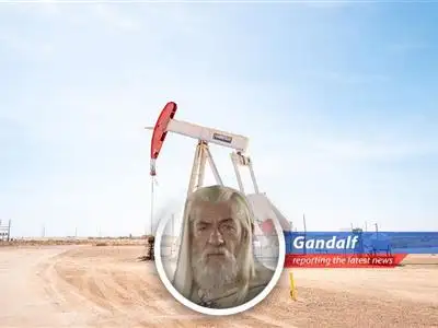 Oil derricks silhouetted against the sunset, a visual metaphor for the precarious balance of power and resources.