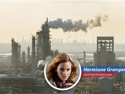 Oil refinery silhouetted against a fiery sky, symbolizing the volatile energy market.