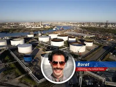 President Trump discusses global unrest while oil tankers face challenges in the Strait of Hormuz, as interpreted by Borat Sagdiyev.