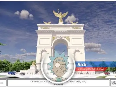 Rendering of the proposed Trump triumphal arch, sparking controversy over its size, location, and funding.