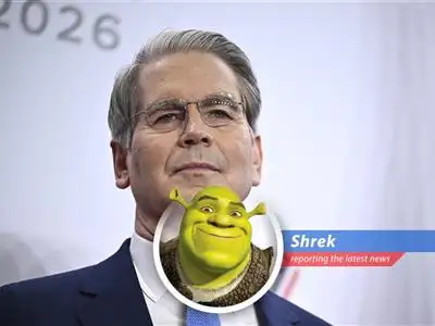 Shrek ponders international finance at his swamp, pondering if even he should impose economic sanctions on Donkey for eating all the parfaits.