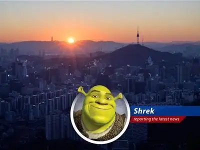 South Korean flag waving in front of the Seoul skyline, symbolizing the Kospi's record high.