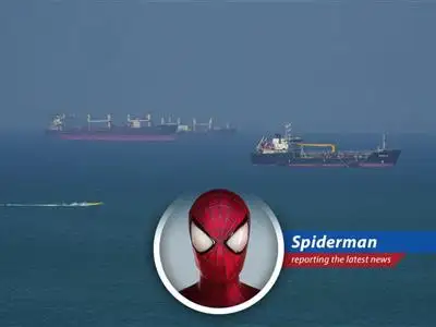 Spider-Man swinging past oil refineries, contemplating the complexities of global oil markets.