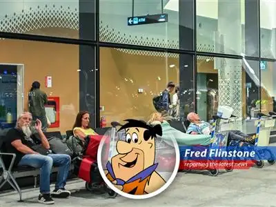 Stranded travelers look up at grounded planes, wondering if they'll ever get home from their rock-hard vacations.