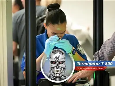 TSA agents at an airport security checkpoint.