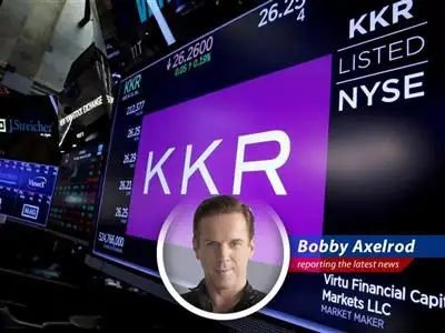 The KKR logo against a backdrop of Wall Street, symbolizing the financial turmoil surrounding the credit fund downgrade.
