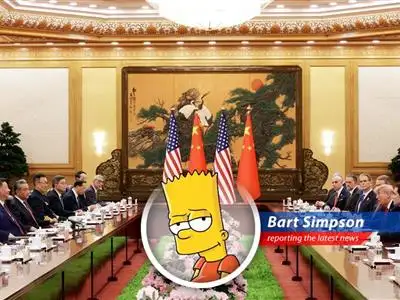 Trump and Xi shake hands at a summit, possibly deciding whether the world gets extra Krusty Burgers or just ends up with a big ol' Doh