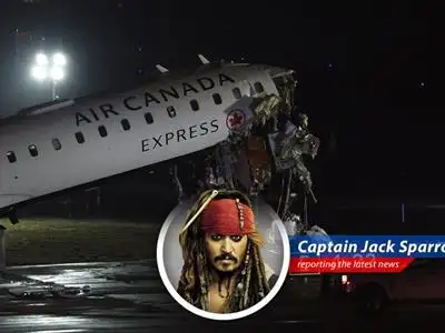 Wreckage of Air Canada Express CRJ-900 showing damage after colliding with a fire truck on the runway at LaGuardia Airport.