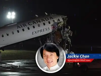 Wreckage of Air Canada Express jet following collision with fire truck at LaGuardia Airport. 