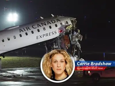 Wreckage of the Air Canada Express jet after colliding with a fire truck at LaGuardia Airport.
